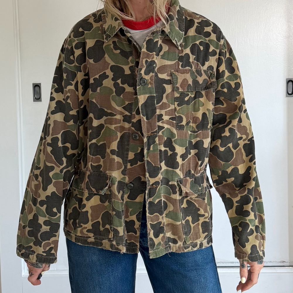 Vintage Duck Hunter Camo Field Jacket Distressed Faded Utility Shirt Medium